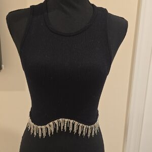 Elegant Black Cropped Tank Top with Rhinestone Fringe